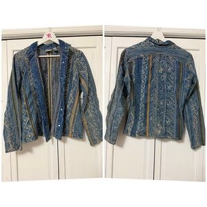 Chico's Blue and Gold Statement Denim Jean Jacket Embellished Embroidered Small